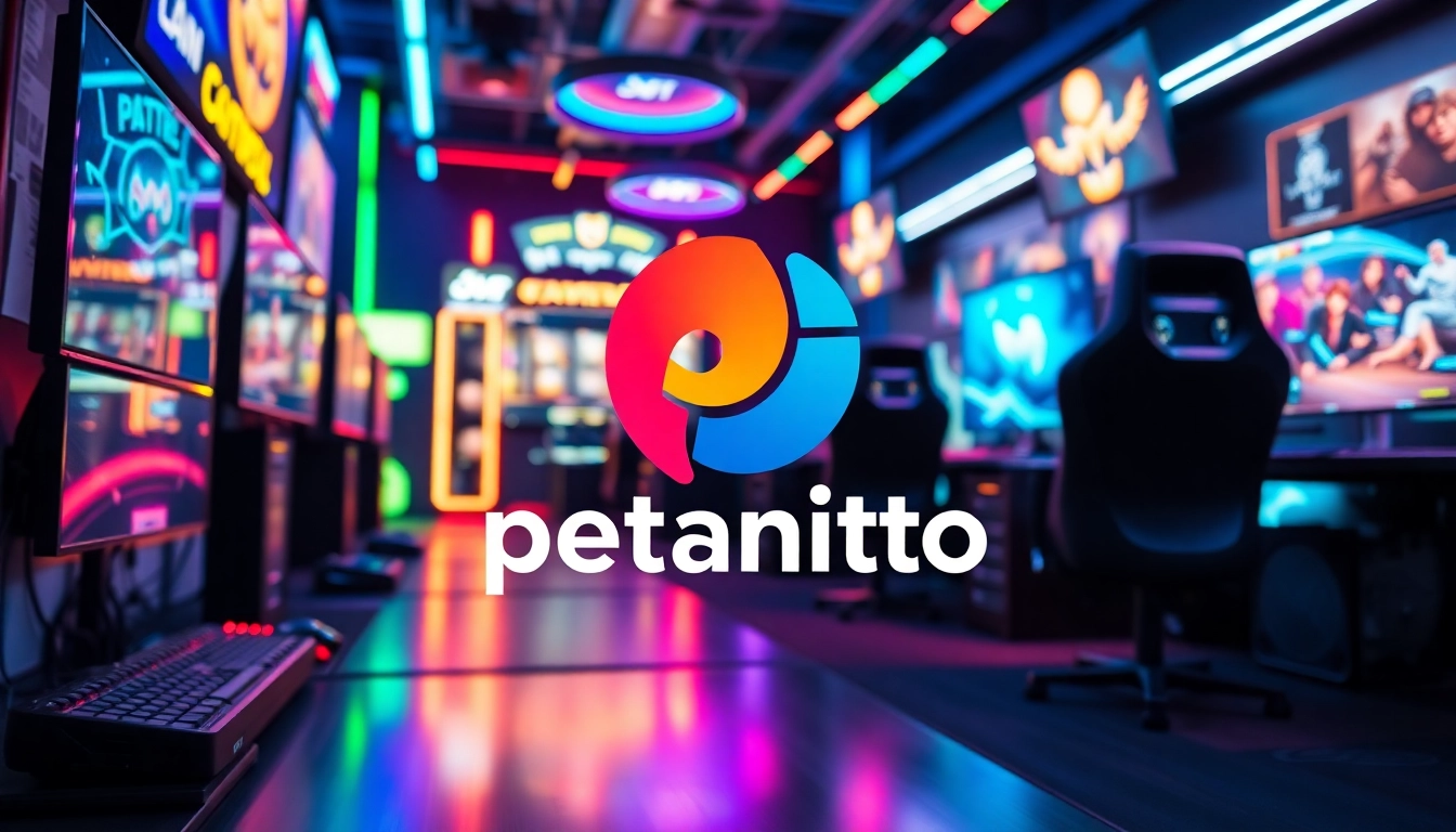 Menghadirkan suasana gaming petanitoto yang menarik dengan logo dan peralatan modern dalam pencahayaan dinamis.