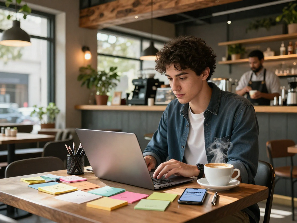 Young professional using the Motchill app on a laptop in a vibrant café.
