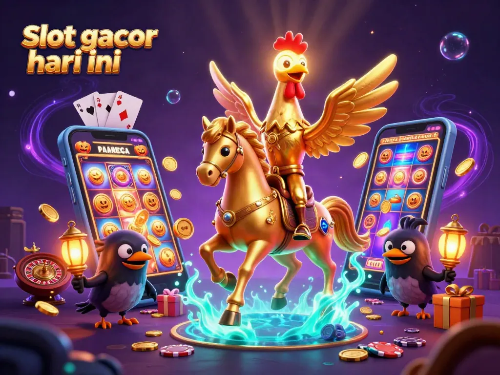 Menangkan slot gacor hari ini dalam kasino malam dengan simbol keberuntungan yang mengelilingi permainan.