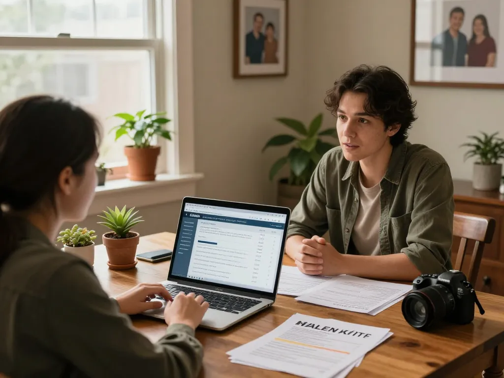 Couple discussing how to sell house without realtor at home table with laptop and documents.