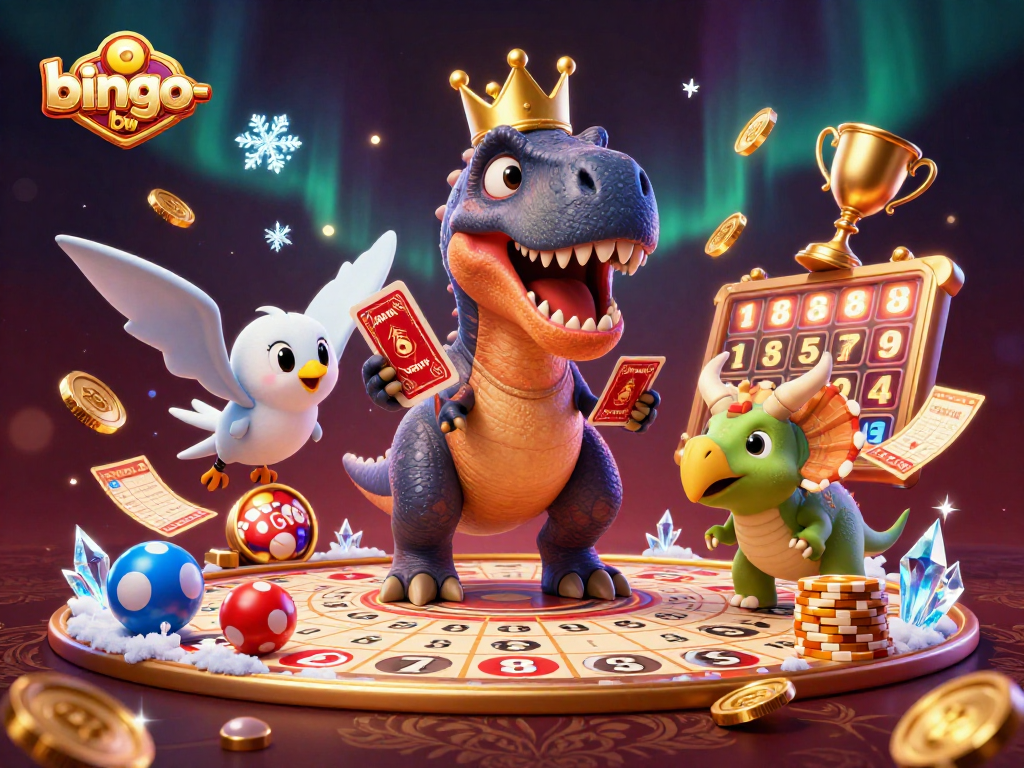 Engage with exciting bingo-bnw gameplay featuring a colorful scene of T-Rex card shuffling.