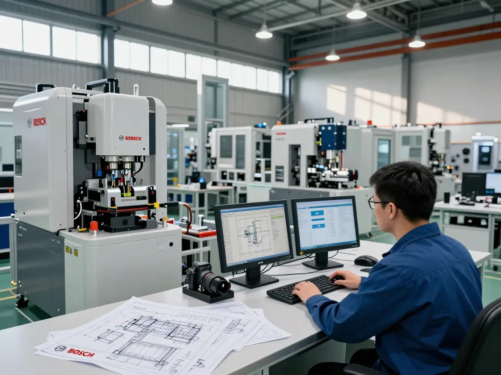Engineer monitoring Bosch Rexroth machinery in high-tech manufacturing workspace, showcasing automation solutions.