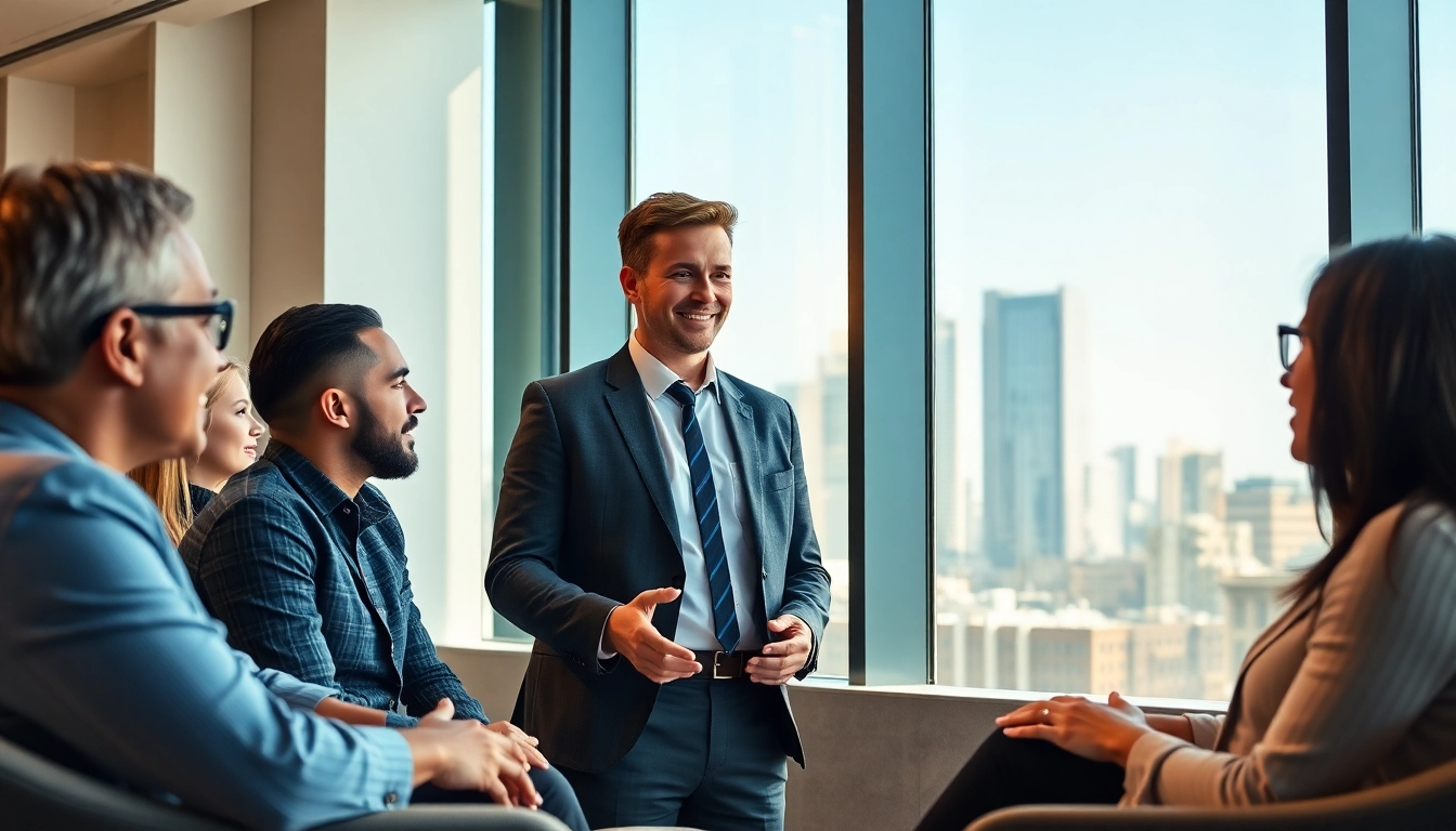 Engaging session with an Executive Communication Coach guiding professionals in a modern office.