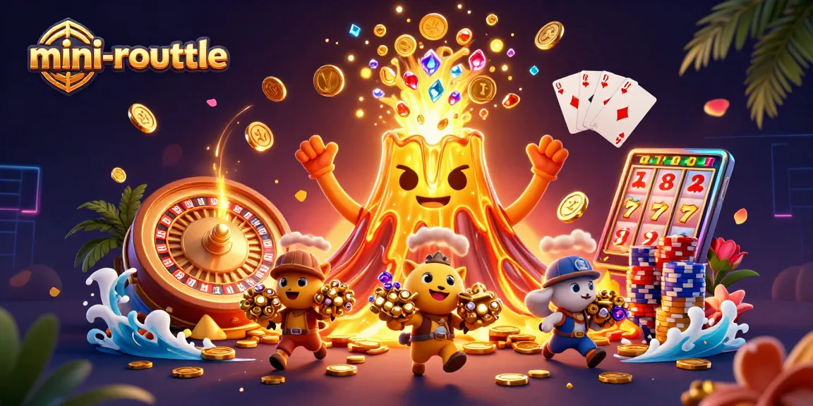 Experience mini-roulette fun with a golden volcano erupting riches and a dynamic casino scene.