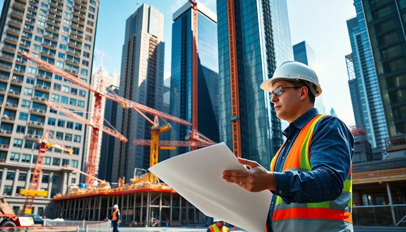 New York City Construction Manager supervising a busy downtown construction site with cranes and teamwork.