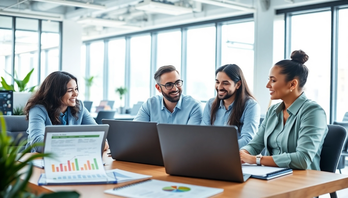 Marketing Agency professionals collaborating in a vibrant office environment with digital tools.