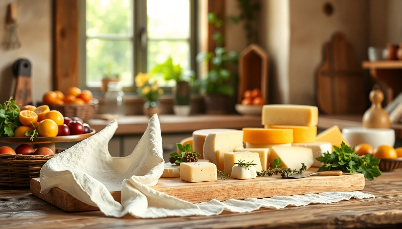 Verzorgd kaasdoek met artisanal kazen en vers fruit op houten snijplank.