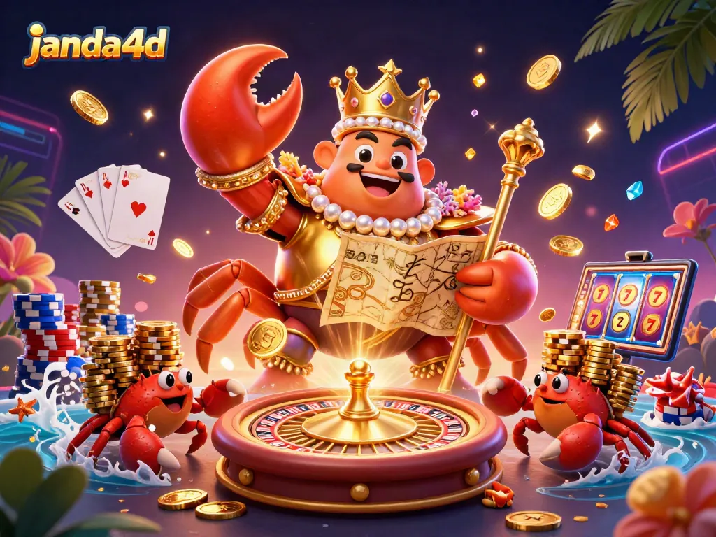 JANDA4D menampilkan ilustrasi penuh warna dan detail dengan simbol slot masif, uang emas, dan scepter raja.