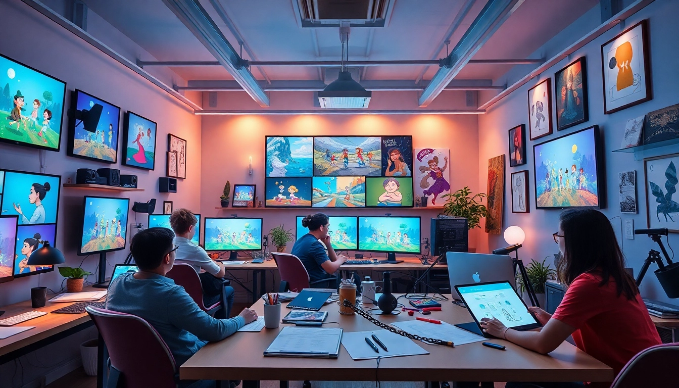 Animationsstudio mit kreativen Künstlern, die an Projekten zusammenarbeiten.
