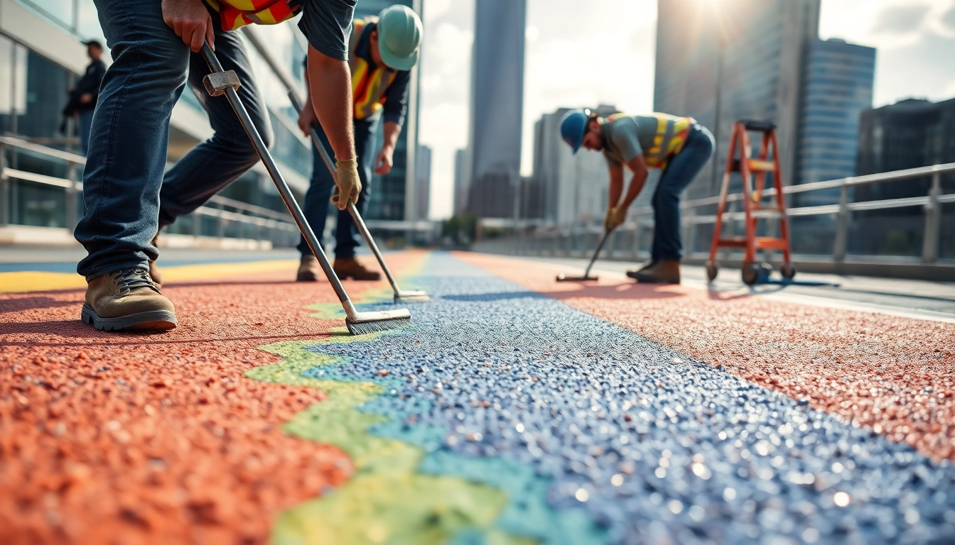 Offering innovative surfacing solutions with skilled workers in action applying a resin surface.
