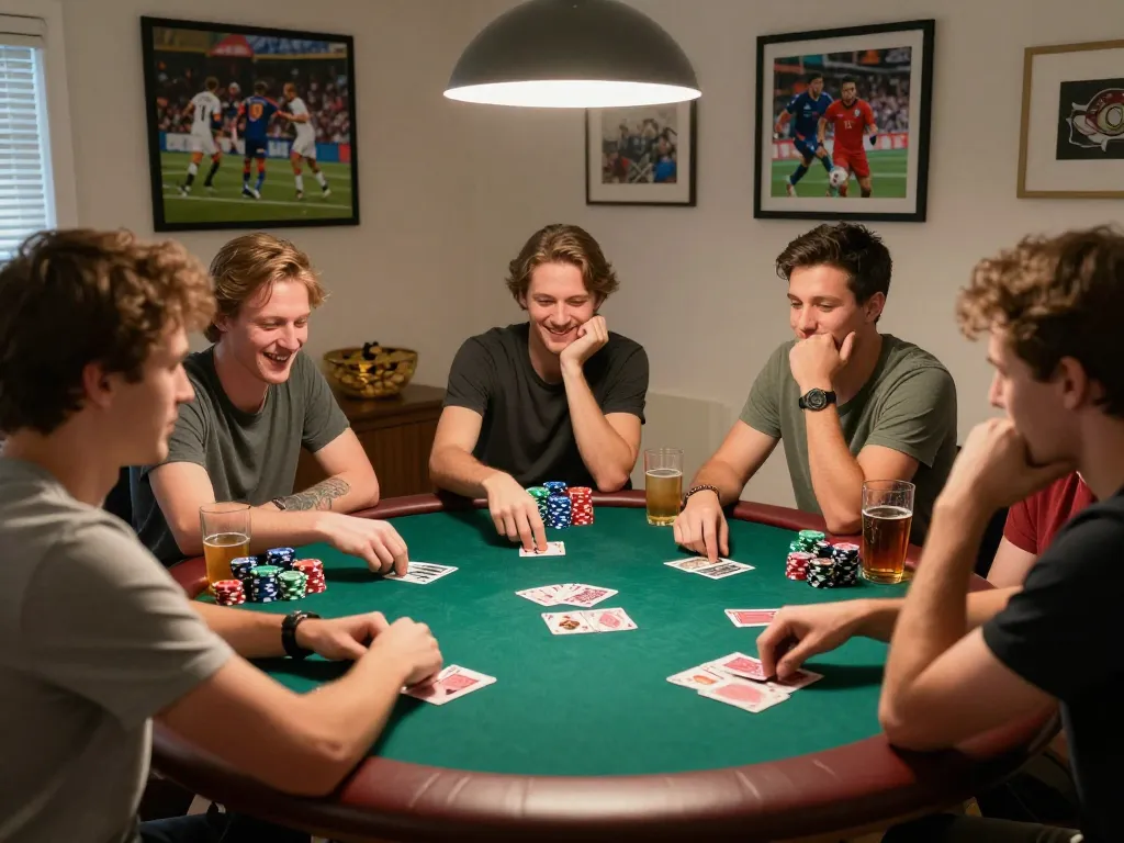 Engaging friends enjoying a poker game while managing their giường bệnh nhân, creating a lively and strategic atmosphere