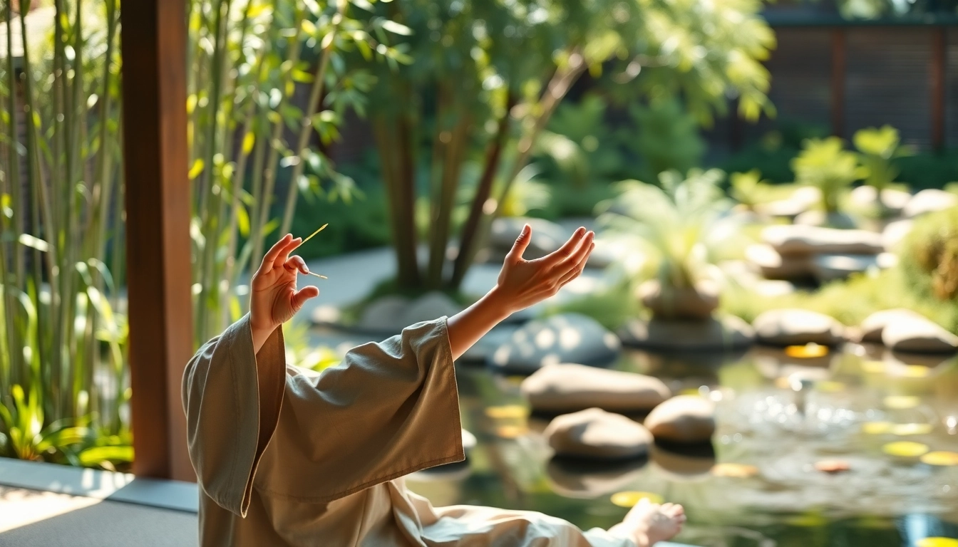 Terapkan akupunktur dengan Qi Qong dalam praktik yang harmonis di taman yang damai.