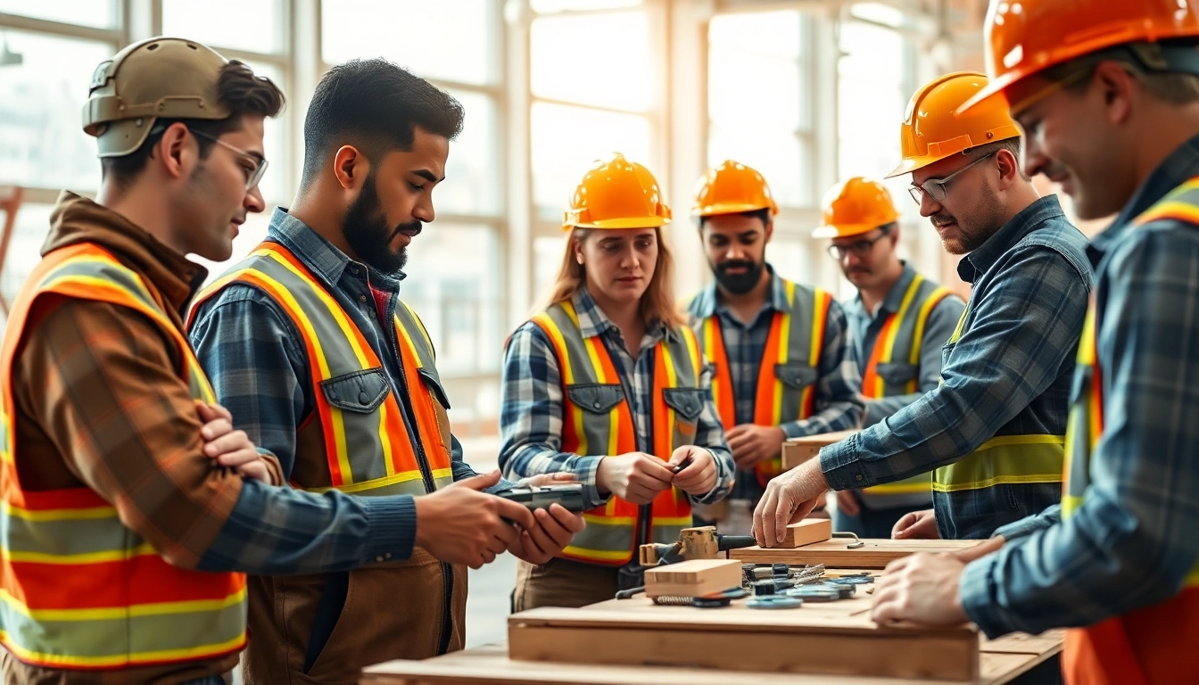 Construction training session featuring diverse workers collaborating on building techniques.
