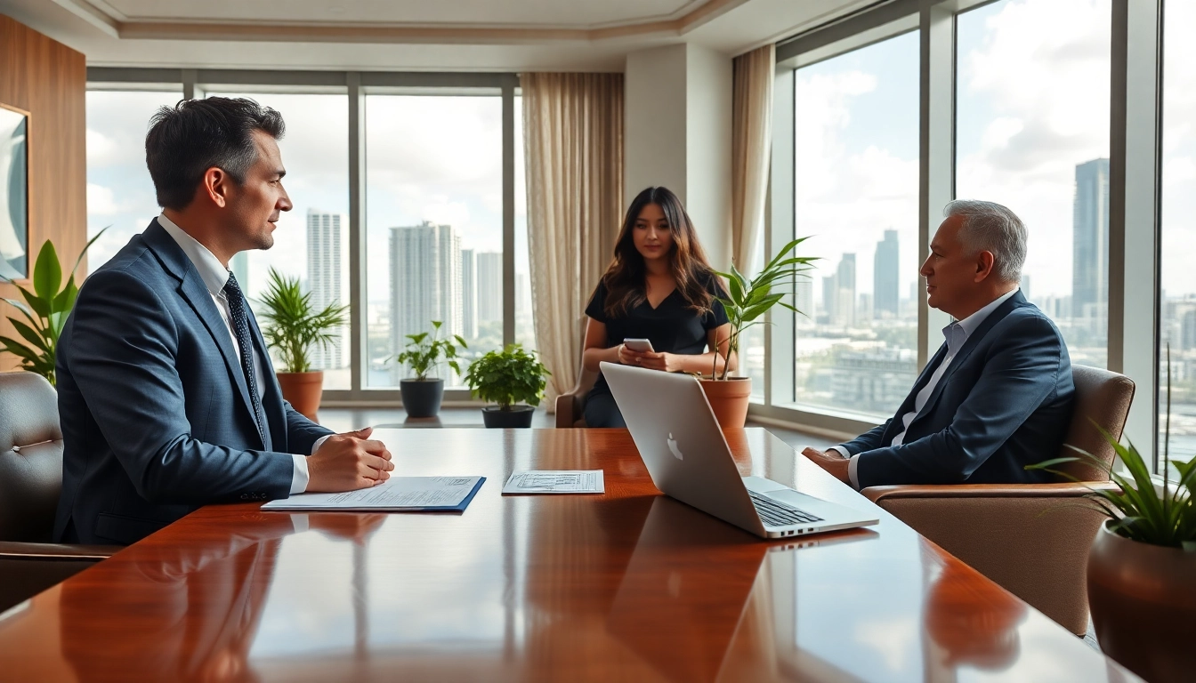 Engaging Miami high net worth divorce lawyer advising clients in a luxurious office.