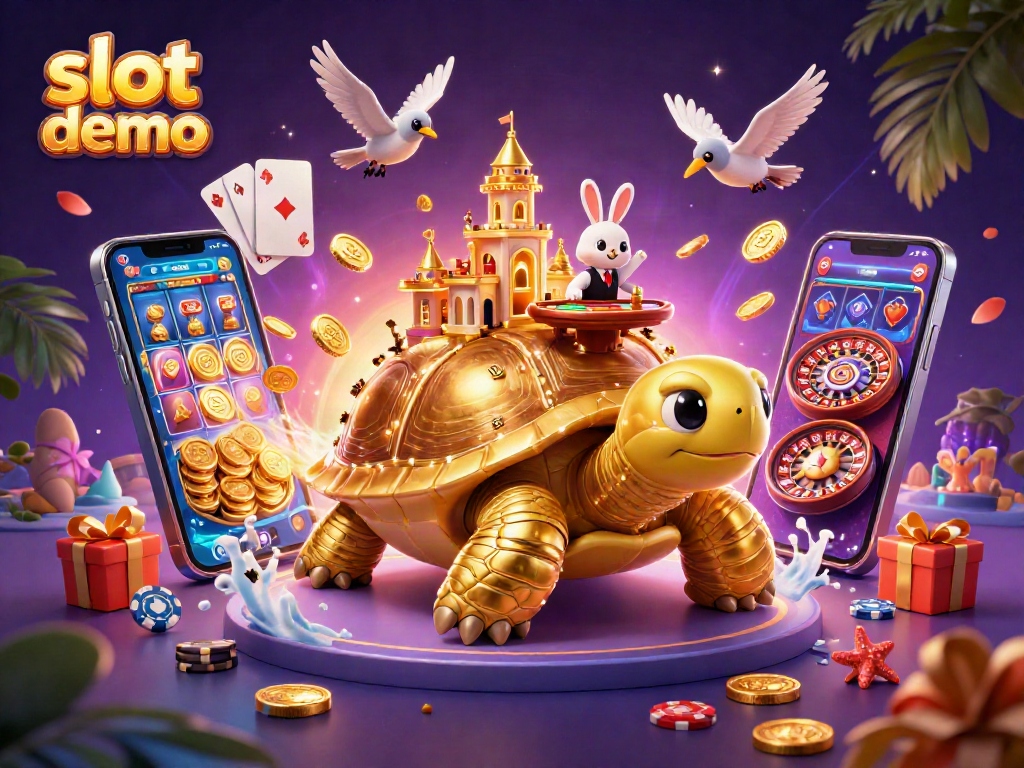 Experience the thrill of a slot demo with a golden tortoise casino, spinning reels, and vibrant game elements.