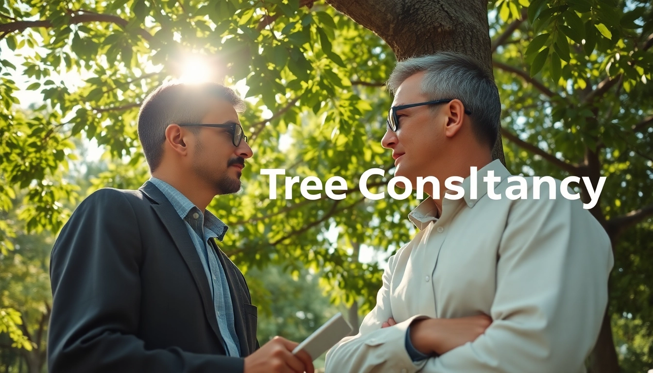 Tree Consultancy expert assessing a tree's health in a tranquil park, showcasing professional services.