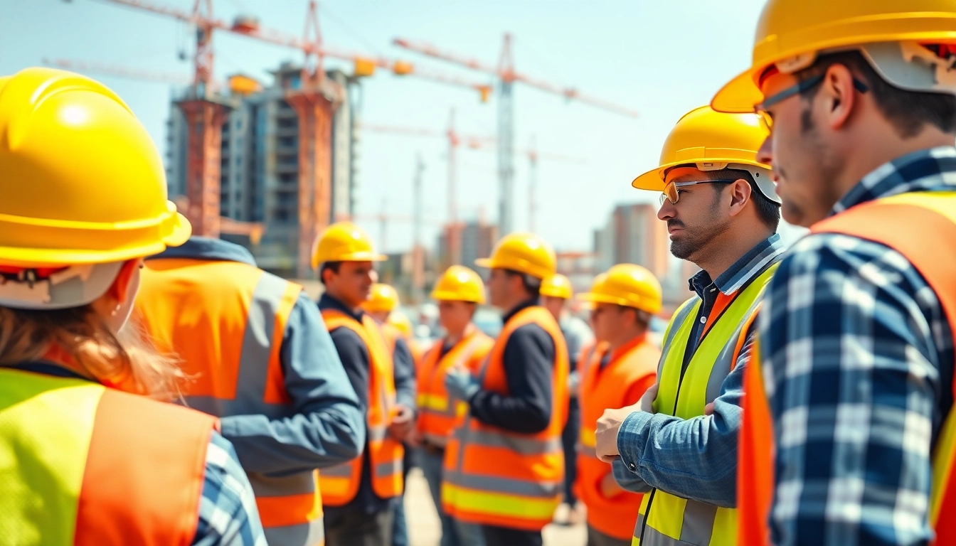 Implementing construction safety programs with workers in safety gear at a job site.