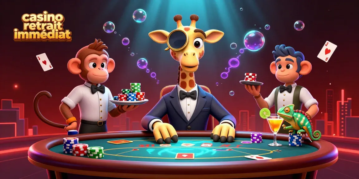 Plongez dans l'univers du casino avec une girafe haut de gamme, un valet singe, et un barman caméléon, jouant au casino retrait immédiat.