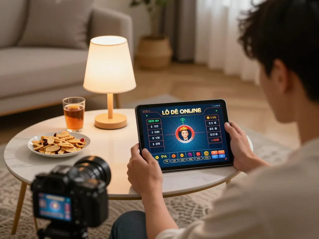Lô đề online gameplay on a tablet, showcasing a cozy home environment with engaging betting options.