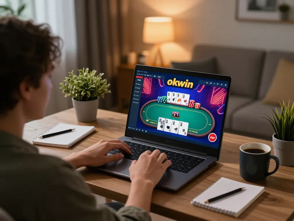 Engaging player immerses in okwin online poker gaming setup at home with lively atmosphere
