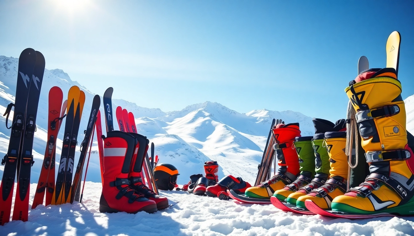 Showcase of the best ski gear in a bright, snowy environment featuring skis and apparel.