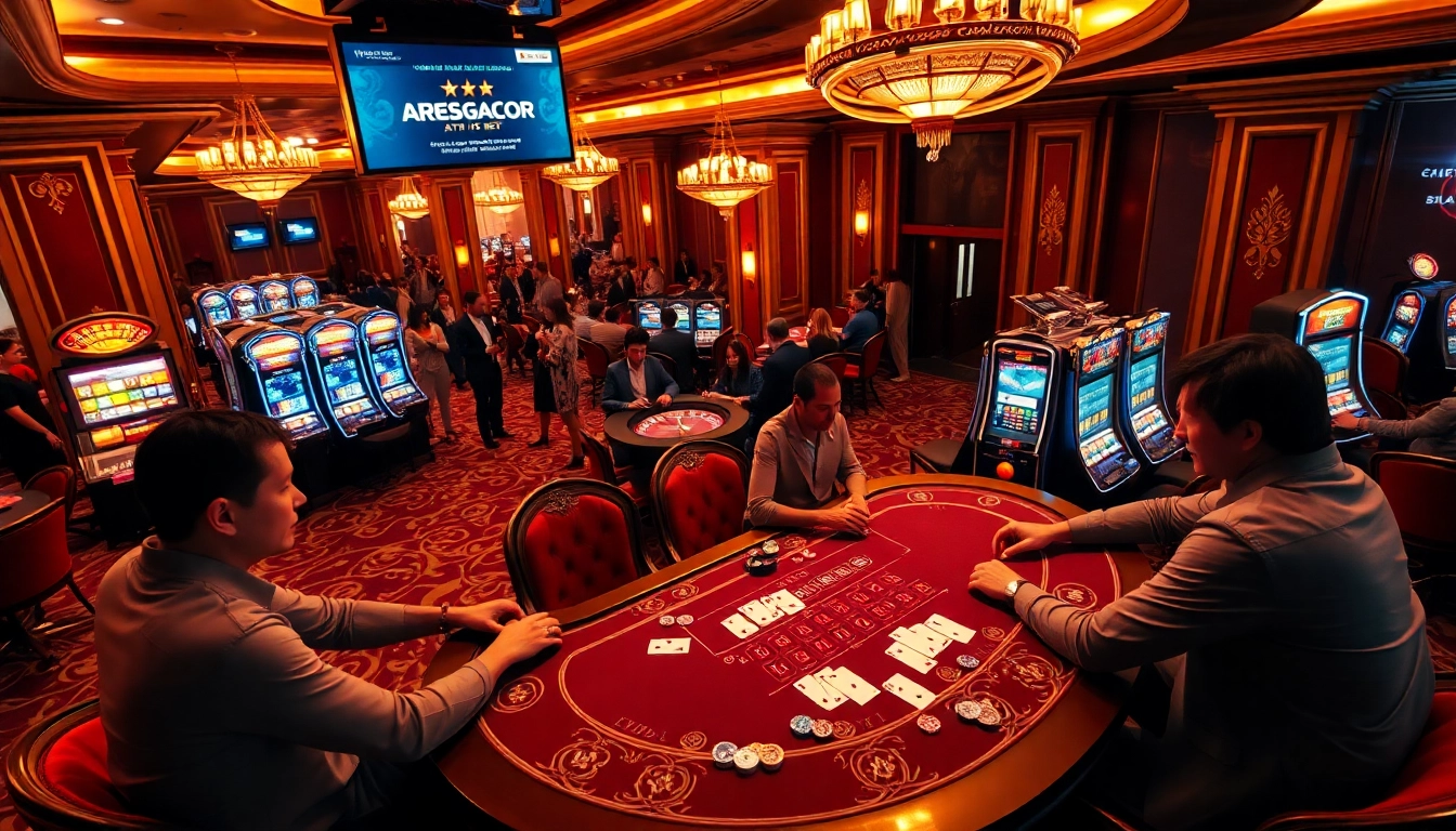Engage with exciting games at ARESGACOR casino, featuring poker tables and roulette wheels.