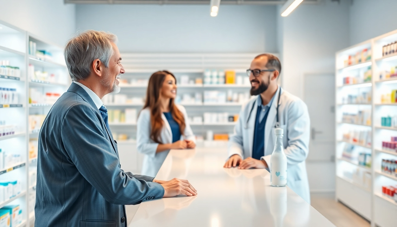 Engaging scene of an online pharmacy where a pharmacist guides a customer through services.
