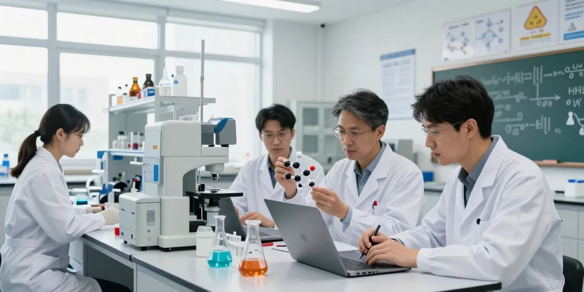 Research compounds supplier collaborating scientists in a modern lab.