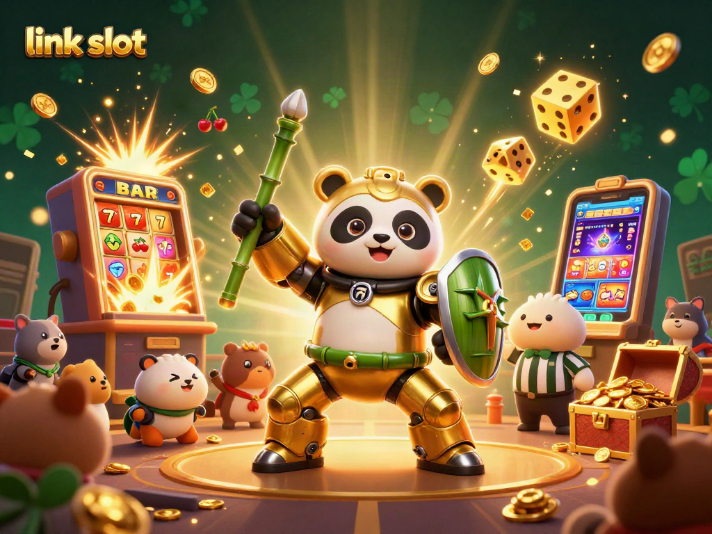Experience excitement with the link slot as the panda battles in a vibrant casino arena.