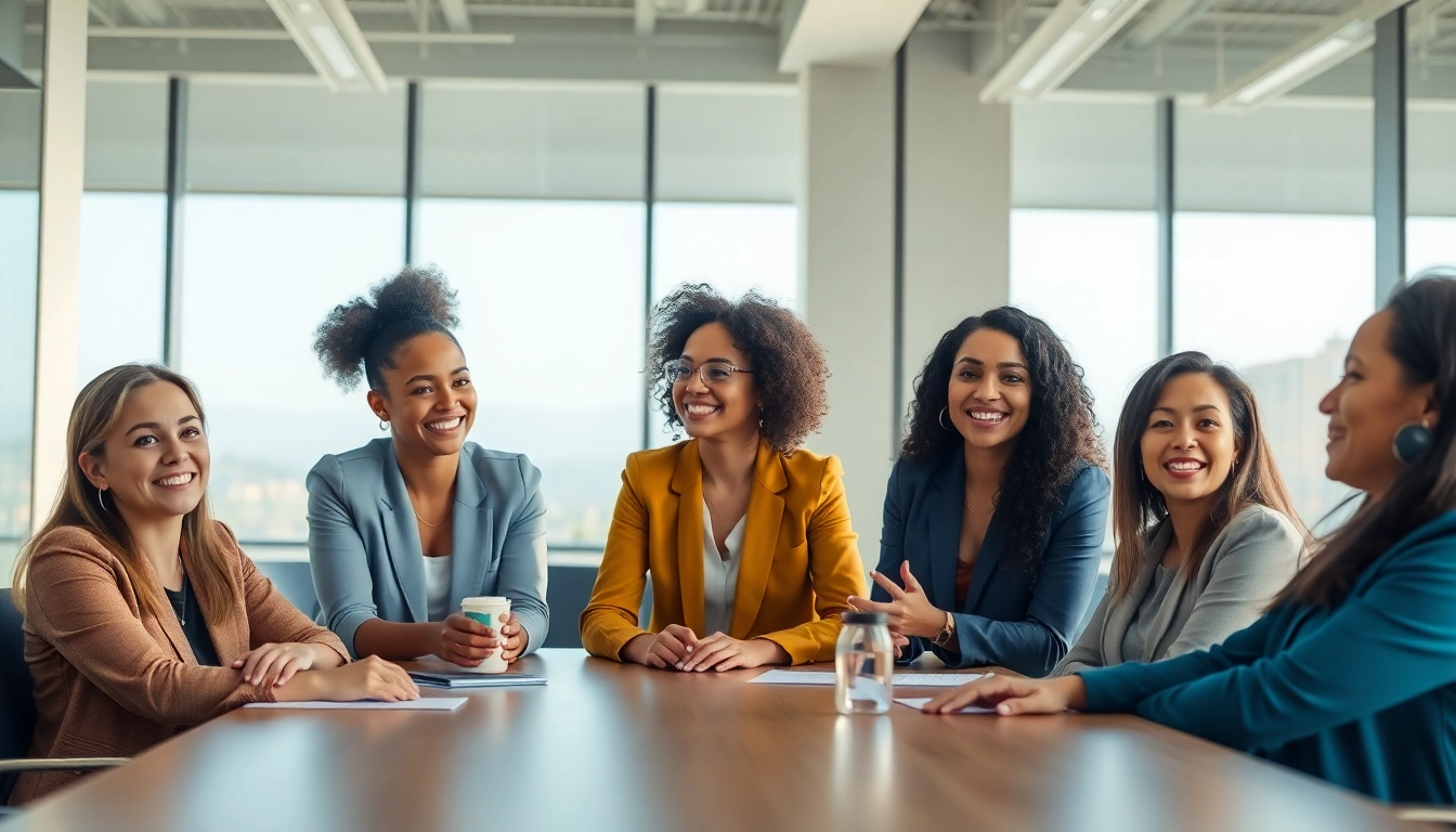 Women leadership development discussion among diverse leaders in a bright corporate setting.