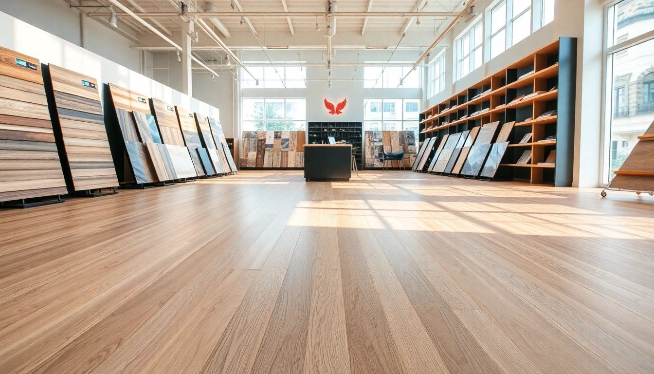 Browse flooring companies near me featuring blonde oak vinyl flooring in a modern showroom.