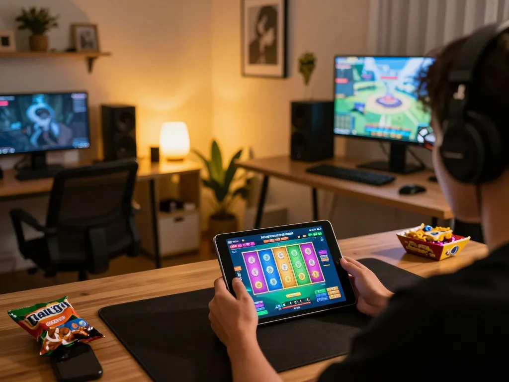 Engaging in situs slot gacor gameplay on a tablet with vibrant visuals in a cozy home setting