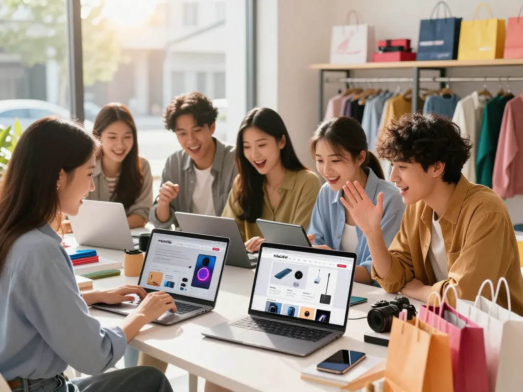 Engaged shoppers exploring Hubet88 online store for exclusive deals and new products.