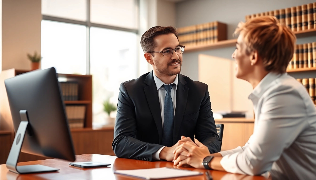 Engaged conversation between an Orlando Injury Lawyer and a client in a professional setting.