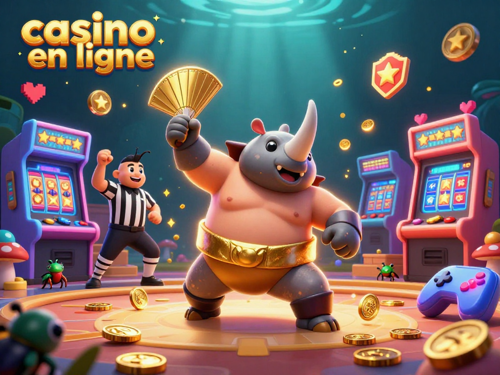 Illustration dynamique d'un champion sumo rhinocéros dans un casino en ligne, avec pièces et machines à sous voltigeant autour.