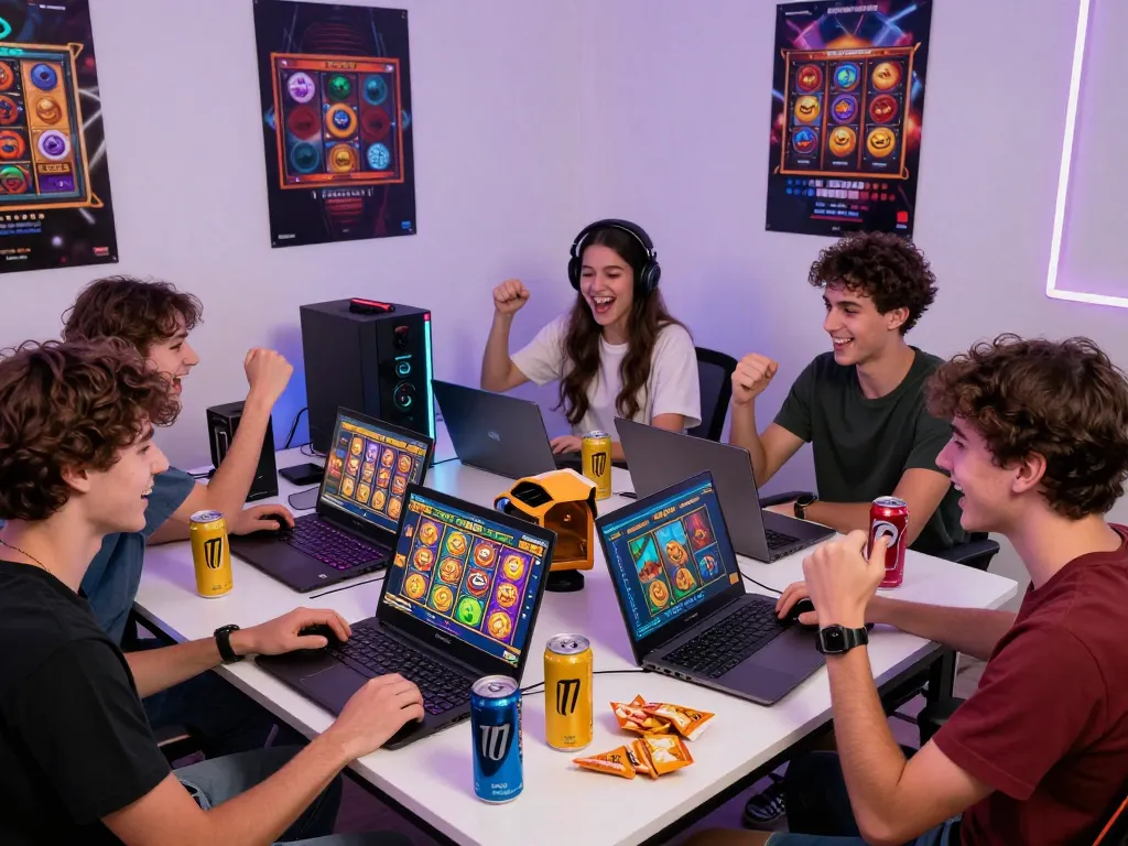 Friends enjoying link gacor slot games in an exciting gaming environment with vibrant screens and lively atmosphere.