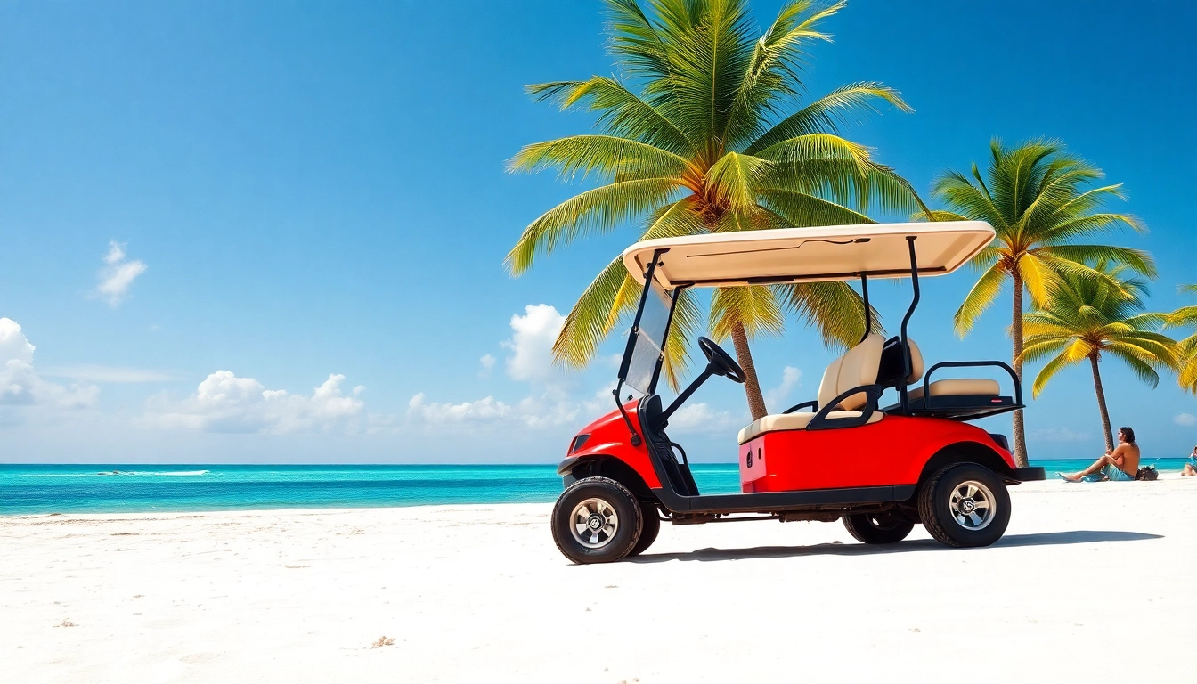 Enjoying a bright red golf cart during San Pedro Belize Golf Cart Rental on a sunny beach.
