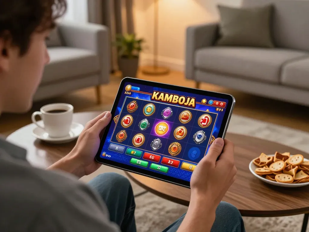 Experience the excitement of slot kamboja gameplay on a tablet in a modern living room setting