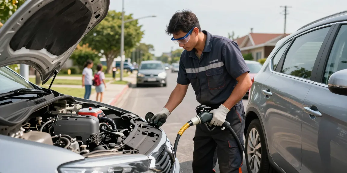 Technician draining petrol in diesel car during roadside assistance for quick recovery.