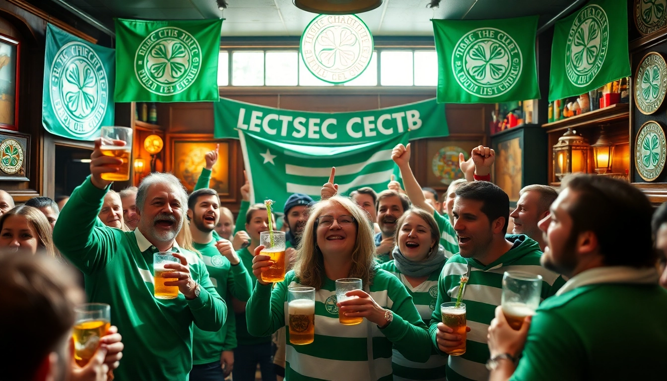 Feiernde Fans im Celtic Supporters Club Hamburg mit Teamfarben und Bannern.