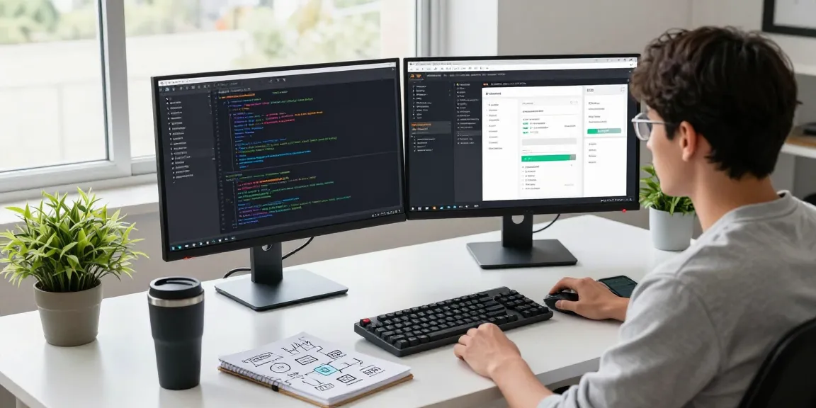 Developer's workspace showcasing 纸飞机官网 features with dual monitors and coding environment.