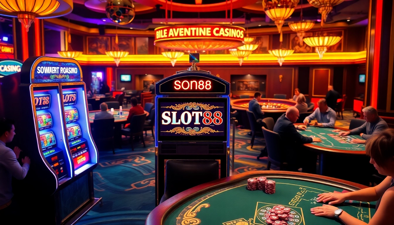 Experience the excitement of SLOT88 with vibrant casino elements like slot machines and poker tables.