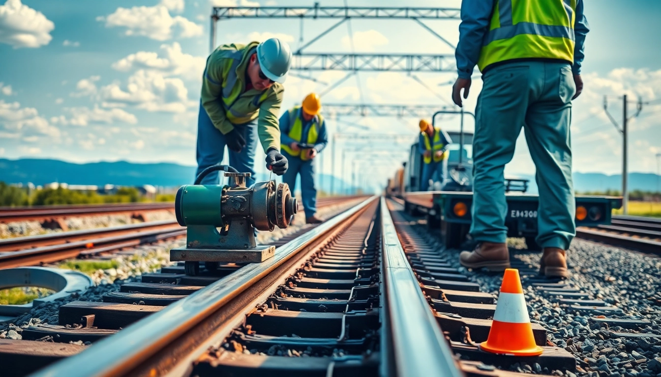 Railroad Maintenance specialists performing vital track inspections with essential tools and equipment.