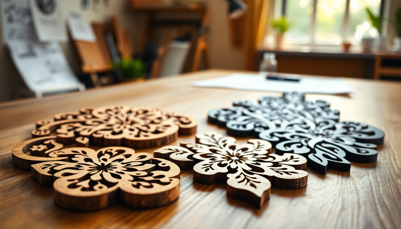 Showcasing dxf file for laser cutting with detailed designs on a wooden table.