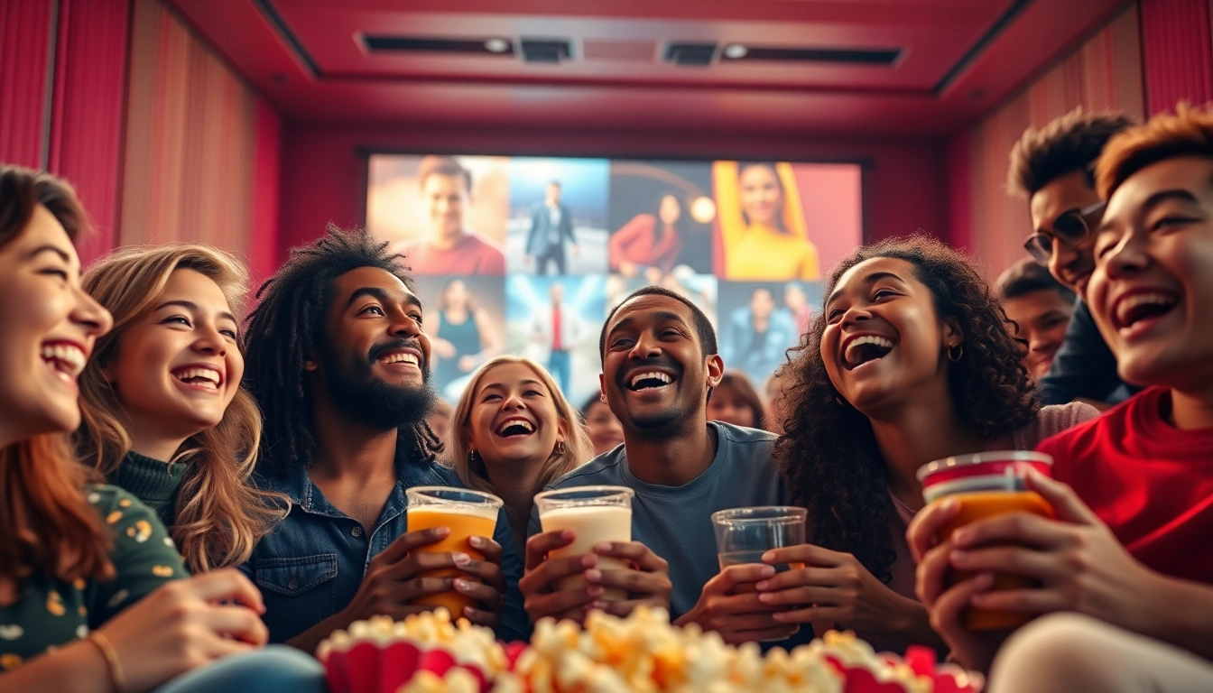 Enjoy ดูหนังออนไลน์ with friends in a lively movie theater scene capturing excitement and joy.