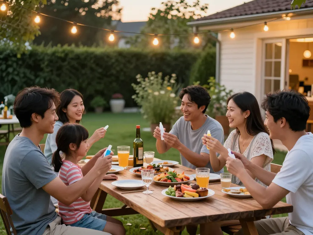 Best Mosquito Repellent application during a joyful family barbecue in a summer backyard.