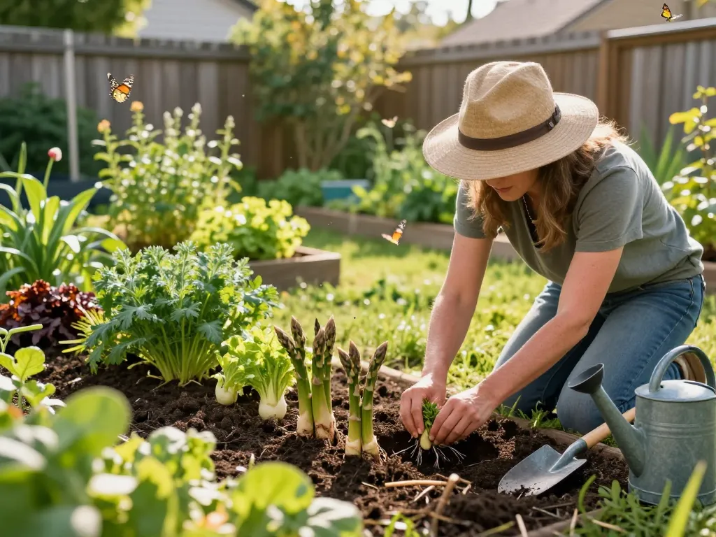 Asperges moestuin planting scene with gardener in vibrant garden preparing asparagus crowns in rich soil.