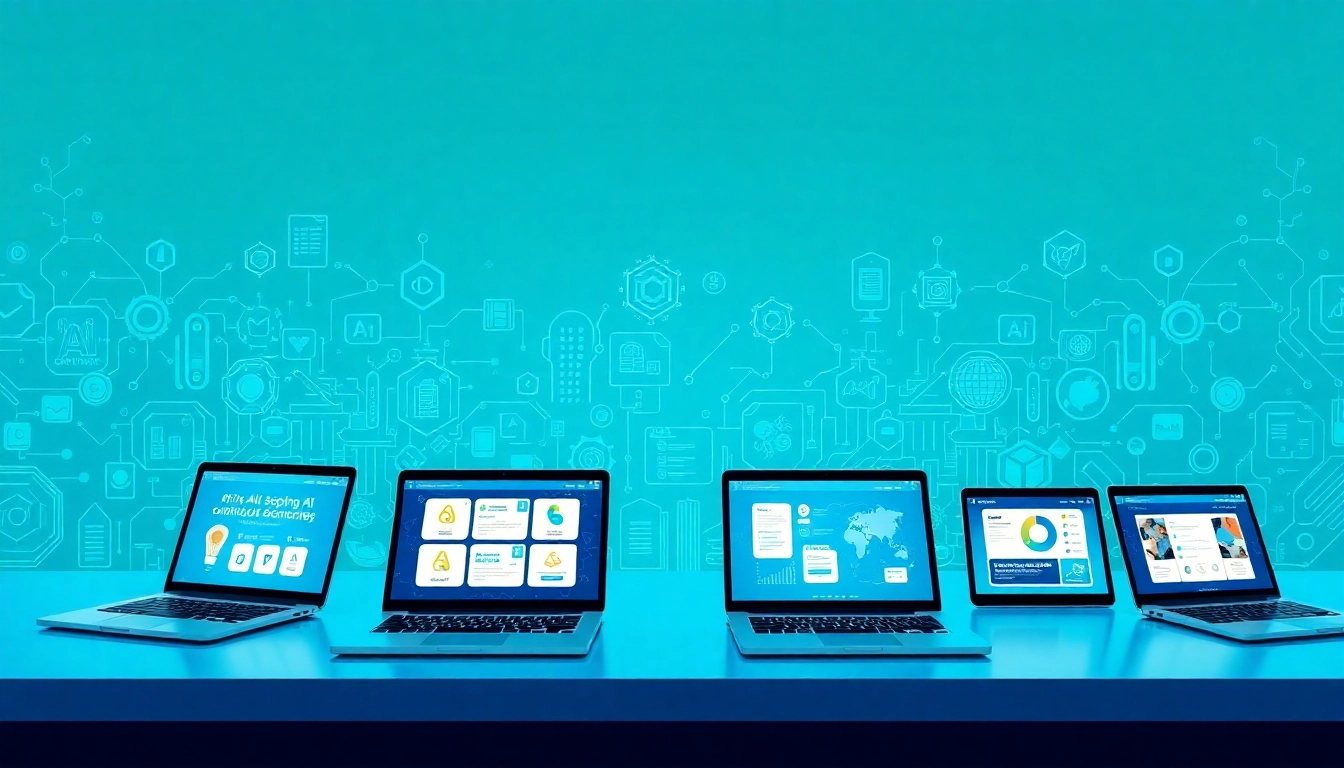 Showcasing the ai tool marketplace with diverse applications and devices in a vibrant digital setting.