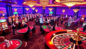 Experience the vibrant gambling world of KJC AC 1 with players enjoying casino tables and slot machines.