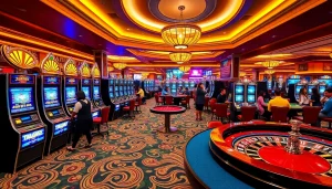 Exciting gambling atmosphere at KJC AC 2 with slot machines and poker tables.